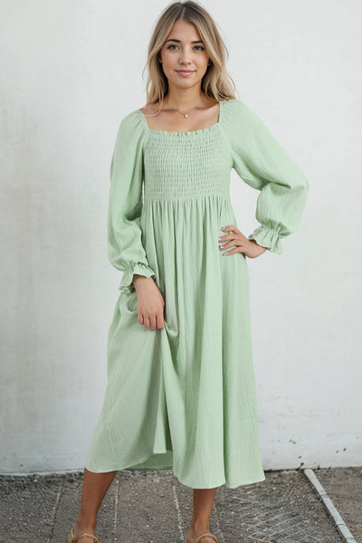 Smocked Flounce Sleeve Square Neck Dress Trendsi OMDEL.COM