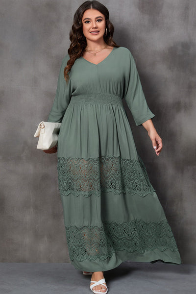 Plus Size Tied V-Neck Smocked Crochet Maxi Dress Trendsi OMDEL.COM