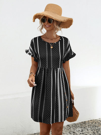 Striped Polka Dot Frill Short Sleeve Mini Dress Trendsi OMDEL.COM