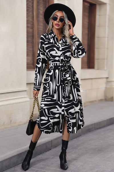 Perfee Printed Tie Front Collared Neck Slit Shirt Dress Trendsi OMDEL.COM