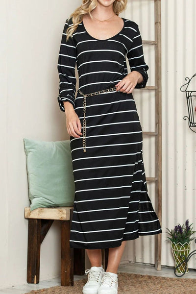 Slit Striped Scoop Neck Long Sleeve Midi Tee Dress Trendsi OMDEL.COM