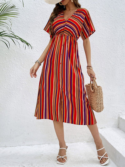 Perfee Slit Striped V-Neck Short Sleeve Midi Dress Trendsi OMDEL.COM