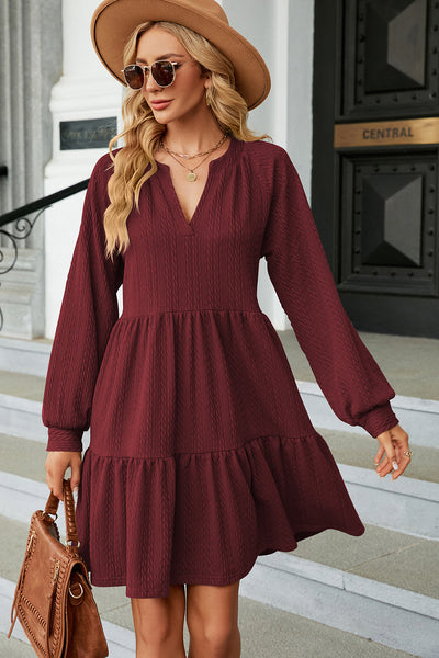 Ruched Notched Long Sleeve Mini Dress Trendsi OMDEL.COM