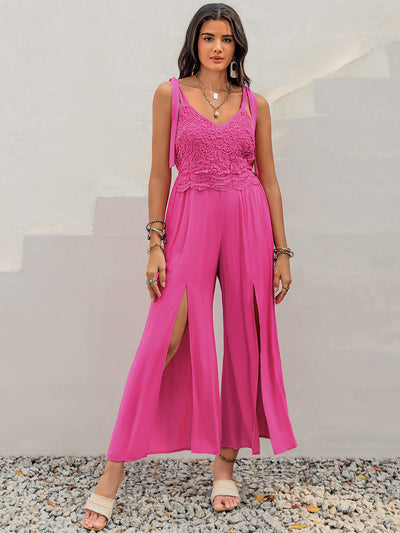 V-Neck Wide Strap Slit Jumpsuit - OMDEL.COM