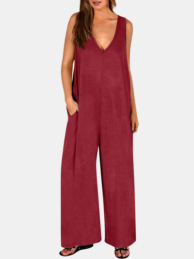 Full Size V-Neck Wide Strap Jumpsuit - OMDEL.COM