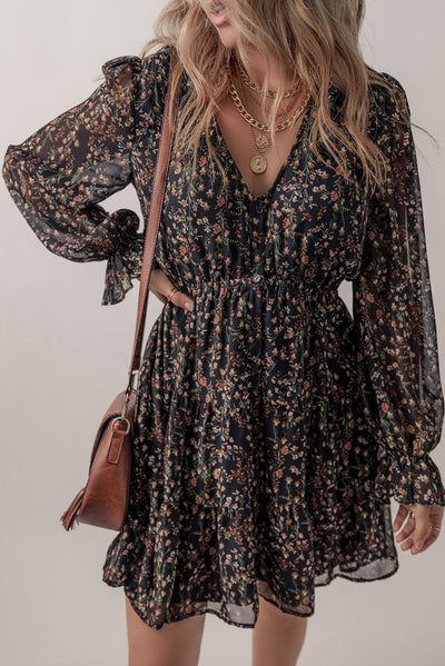 Printed Buttoned V-Neck Flounce Sleeve Dress Trendsi OMDEL.COM