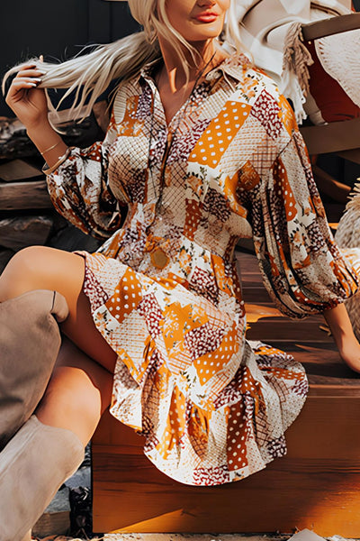 Printed Collared Neck Three-Quarter Sleeve Mini Shirt Dress Trendsi OMDEL.COM