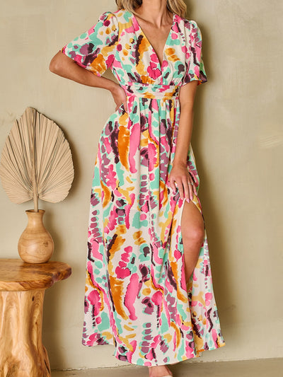 Slit Printed Surplice Short Sleeve Maxi Dress Trendsi OMDEL.COM