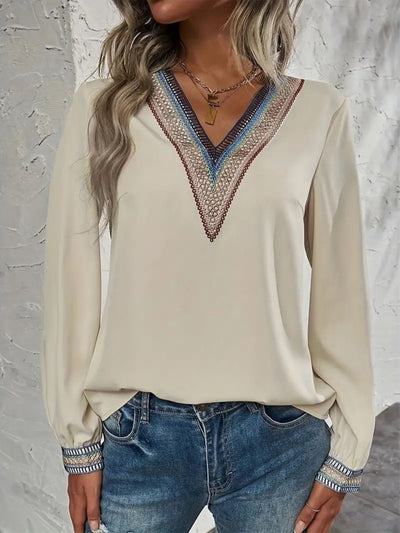 Contrast V-Neck Long Sleeve Blouse Trendsi OMDEL.COM