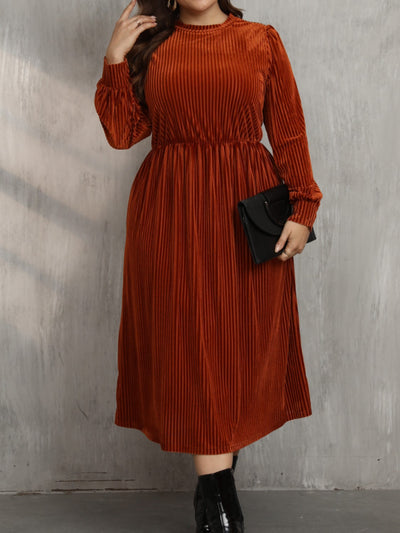 Plus Size Round Neck Long Sleeve Midi Dress Trendsi OMDEL.COM