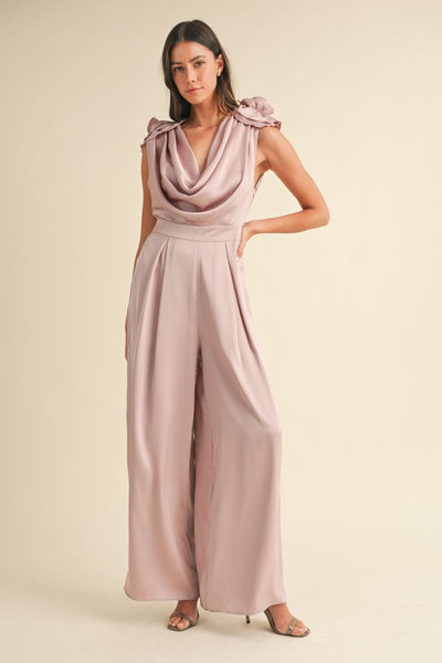 MABLE 3D Floral Applique Deep Cowl Neck Jumpsuit - OMDEL.COM