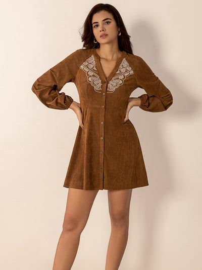 Notched Button Down Long Sleeve Mini Dress Trendsi OMDEL.COM