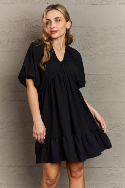 Hailey & Co Comfort Cutie Double V-Neck Puff Sleeve Mini Dress Trendsi OMDEL.COM