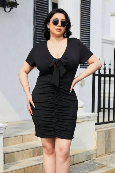 Plus Size Ruched Tied Short Sleeve Mini Dress Trendsi OMDEL.COM