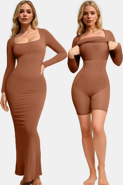 Basic Bae Built-In Shapewear Square Neck Long Sleeve Maxi Dress Trendsi OMDEL.COM