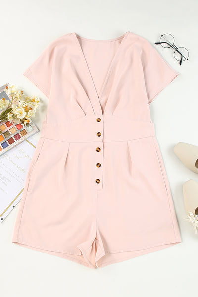 Buttoned V-Neck Short Sleeve Romper - OMDEL.COM