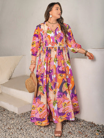 Plus Size Printed Tie Neck Maxi Dress Trendsi OMDEL.COM