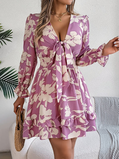 Tied Ruffled Printed Long Sleeve Dress Trendsi OMDEL.COM