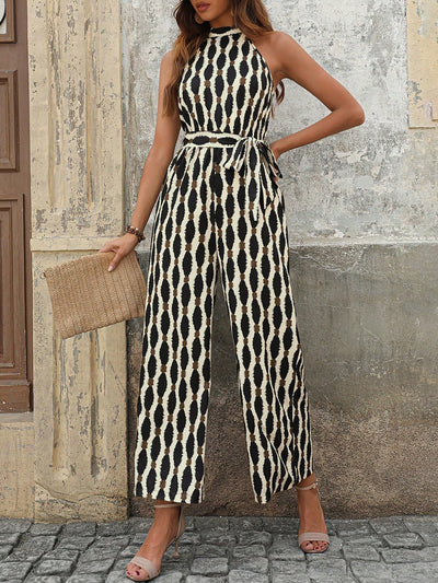 Tied Printed Grecian Neck Jumpsuit - OMDEL.COM