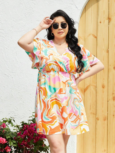 Plus Size Printed Surplice Flutter Sleeve Mini Dress Trendsi OMDEL.COM