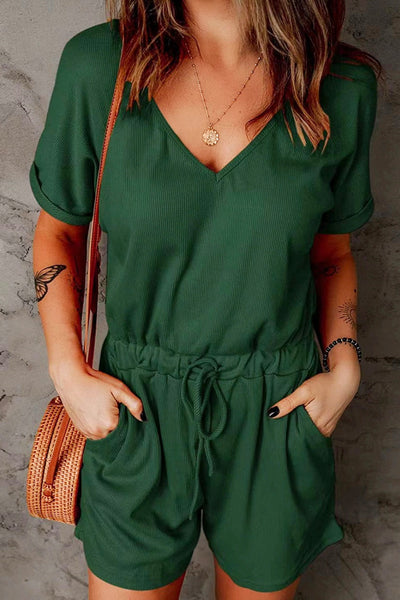 Full Size Drawstring V-Neck Short Sleeve Romper - OMDEL.COM