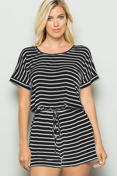 Heimish Full Size Striped Round Neck Short Sleeve Romper - OMDEL.COM