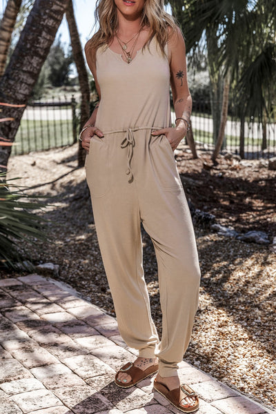 Drawstring Notched Wide Strap Jumpsuit - OMDEL.COM