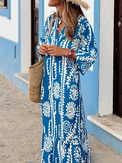 Printed Notched Half Sleeve Maxi Dress Trendsi OMDEL.COM