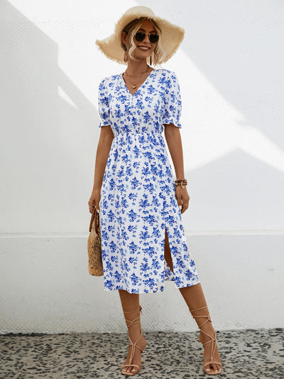 Slit Printed V-Neck Short Sleeve Dress Trendsi OMDEL.COM