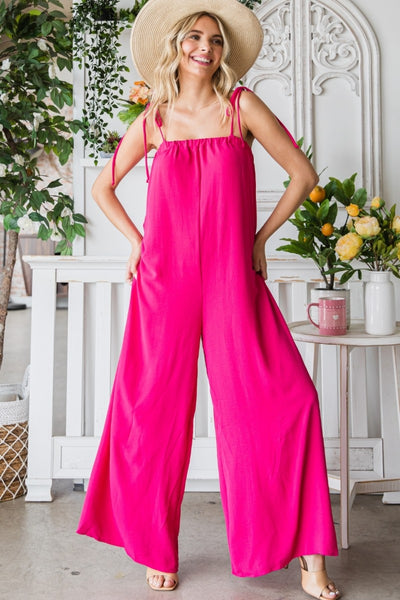 Veveret Pocketed Spaghetti Strap Wide Leg Jumpsuit - OMDEL.COM