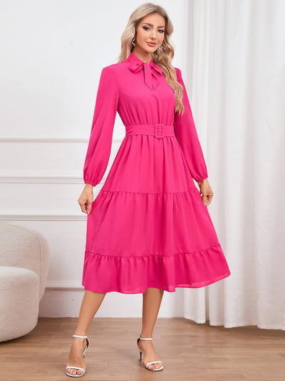 Tie Neck Long Sleeve Tiered Dress Trendsi OMDEL.COM