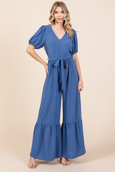 GeeGee Full Size V-Neck Belted Wide Leg Jumpsuit - OMDEL.COM