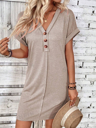 Quarter Button V-Neck Short Sleeve Dress Trendsi OMDEL.COM