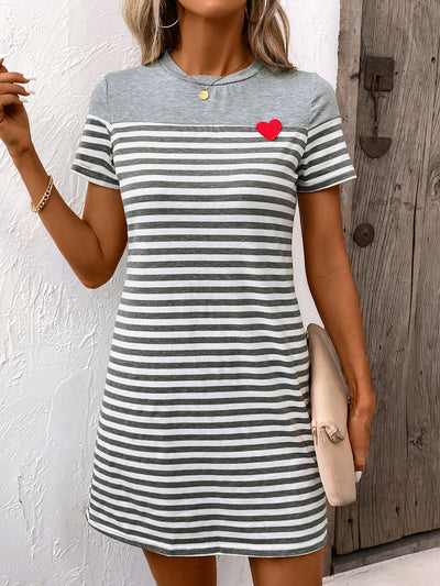 Striped Round Neck Short Sleeve Mini Dress Trendsi OMDEL.COM