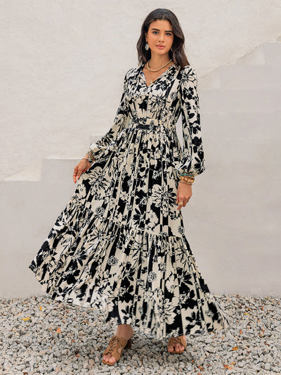 Smocked Printed Tie Neck Long Sleeve Dress Trendsi OMDEL.COM