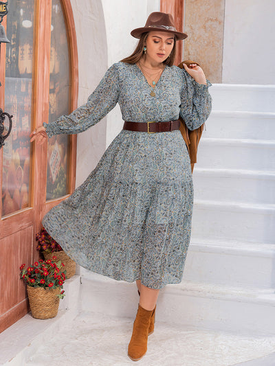 Plus Size V-Neck Long Sleeve Midi Dress Trendsi OMDEL.COM