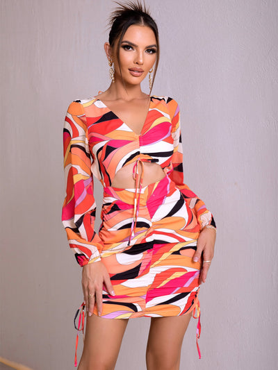 Printed Open Back Cutout Drawstring Mini Dress Trendsi OMDEL.COM