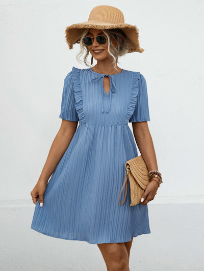 Tie Neck Short Sleeve Mini Dress Trendsi OMDEL.COM