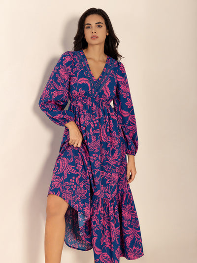 Printed V-Neck Long Sleeve Midi Dress Trendsi OMDEL.COM