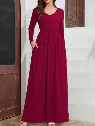 Pocketed V-Neck Long Sleeve Maxi Dress Trendsi OMDEL.COM