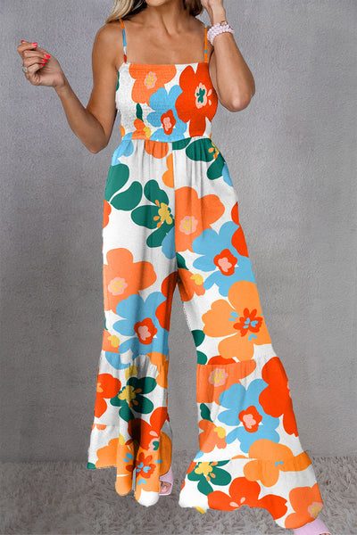 Printed Smocked Spaghetti Strap Jumpsuit - OMDEL.COM