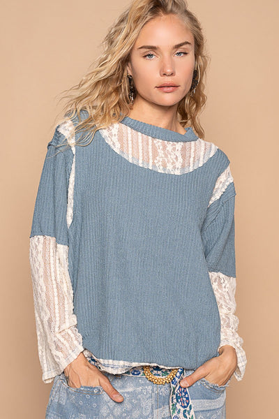 POL Lace Panel Round Neck Long Sleeve Top Trendsi OMDEL.COM