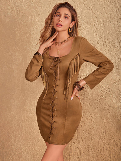 Fringe Lace Up Square Neck Long Sleeve Mini Dress Trendsi OMDEL.COM