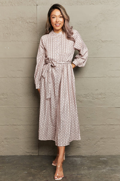 Perfee Printed Tie Waist Long Sleeve Dress Trendsi OMDEL.COM