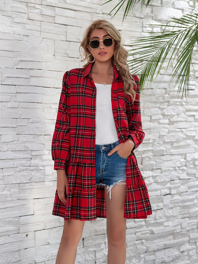 Ruffle Hem Plaid Button Down Long Sleeve Dress Trendsi OMDEL.COM