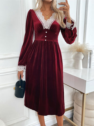 Perfee Lace Detail V-Neck Long Sleeve Midi Dress Trendsi OMDEL.COM