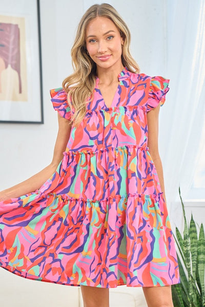 First Love Full Size Printed Ruffle Cap Sleeve Tiered Dress Trendsi OMDEL.COM