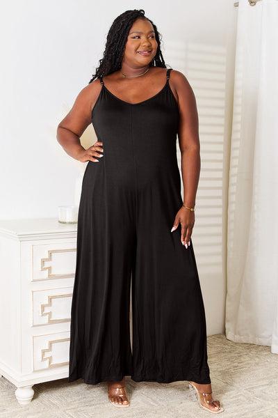 Double Take Full Size Soft Rayon Spaghetti Strap Tied Wide Leg Jumpsuit - OMDEL.COM