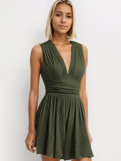 Ruched Plunge Sleeveless Romper - OMDEL.COM