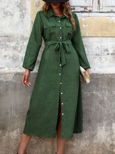 Perfee Collared Neck Long Sleeve Midi Shirt Dress Trendsi OMDEL.COM